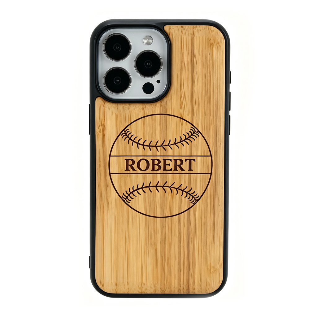 Personalized Baseball Name Laser Engraved Phone Case for iPhone 17,16,15,14,13,12 - Pro Max Plus| Bamboo, Maple, Walnut & Leather