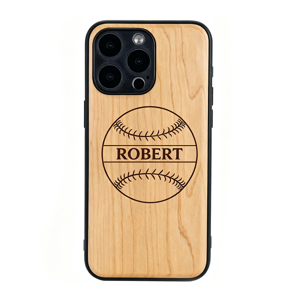 Personalized Baseball Name Laser Engraved Phone Case for iPhone 17,16,15,14,13,12 - Pro Max Plus| Bamboo, Maple, Walnut & Leather