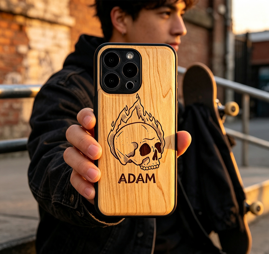 Personalized Skull Name Laser Engraved Phone Case | Bamboo, Maple, Walnut & Leather