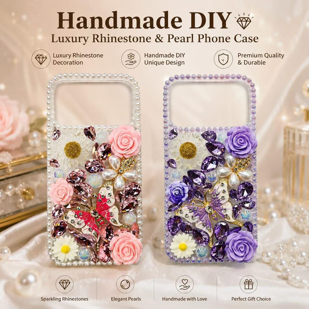 Handmade Rhinestone Phone Case — Sparkling Crystal Cover for iPhone & Samsung(ROSE and BUTTERFLY)