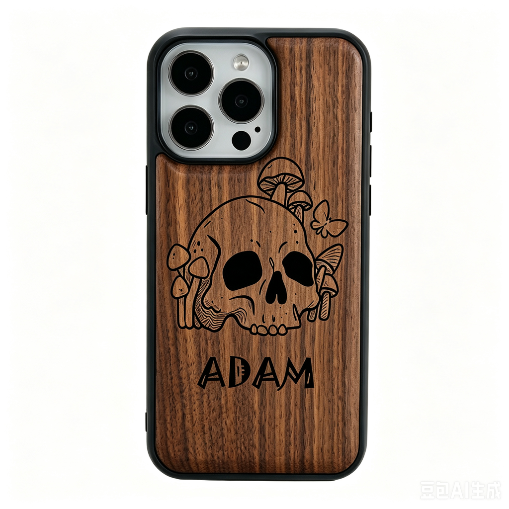 Personalized Skull Name Laser Engraved Phone Case | Bamboo, Maple, Walnut & Leather