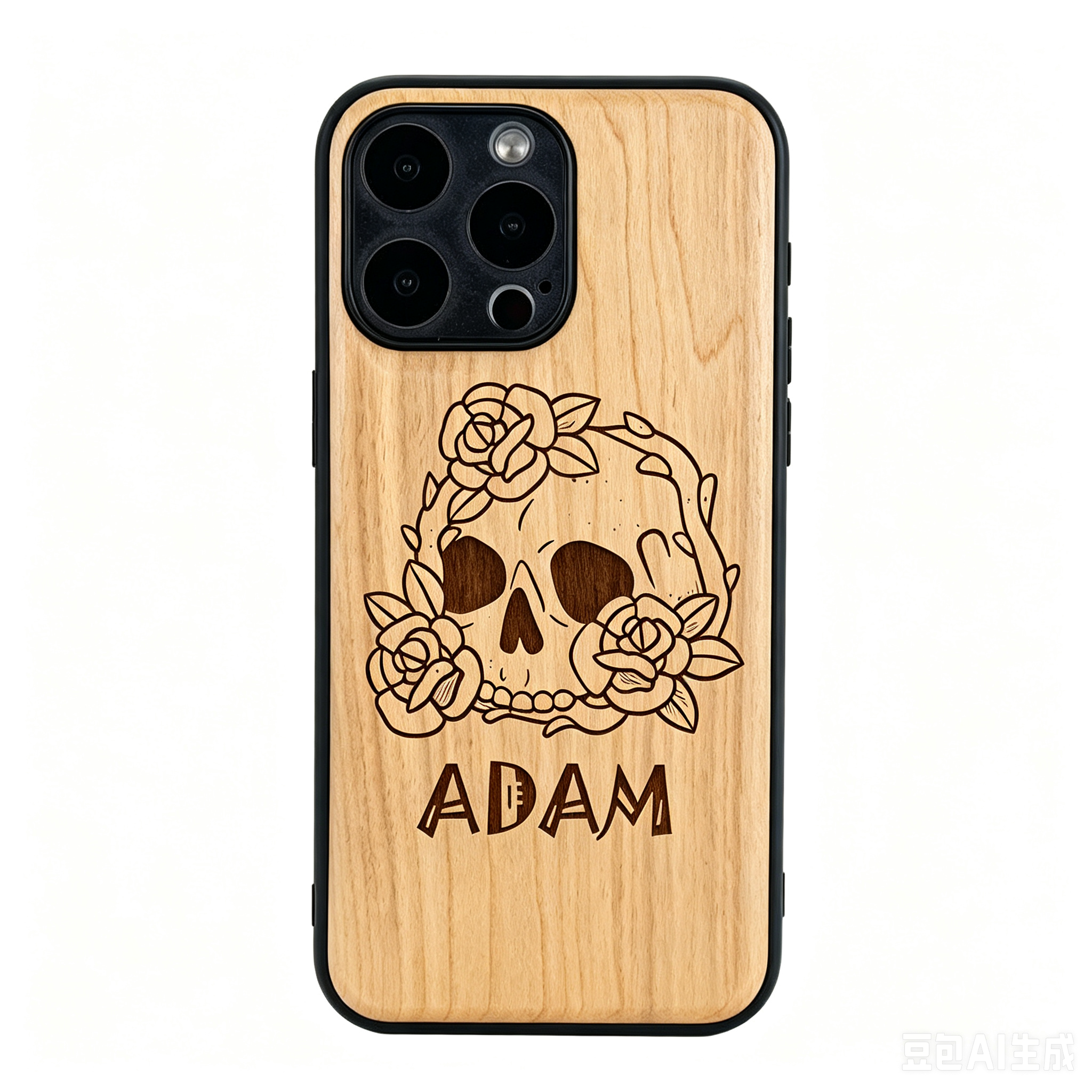 Personalized Skull Name Laser Engraved Phone Case | Bamboo, Maple, Walnut & Leather