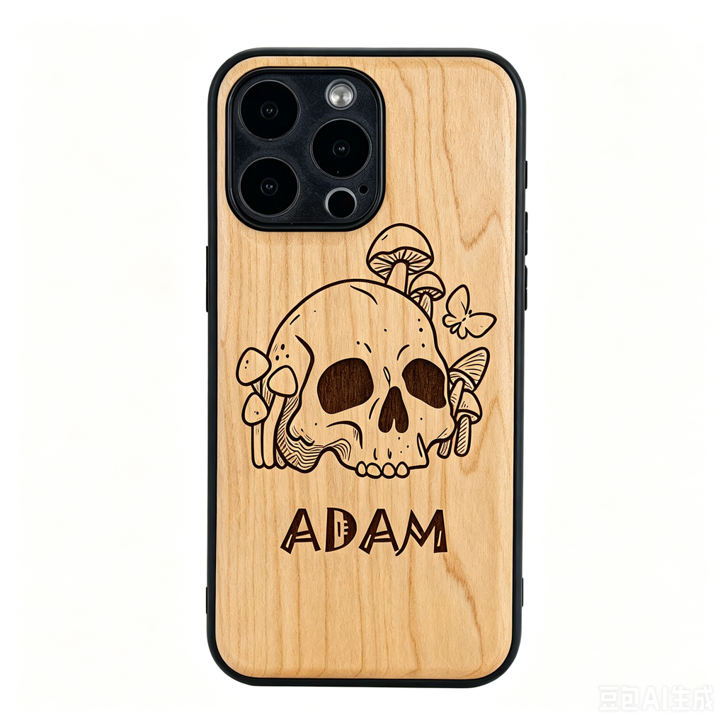 Personalized Skull Name Laser Engraved Phone Case | Bamboo, Maple, Walnut & Leather