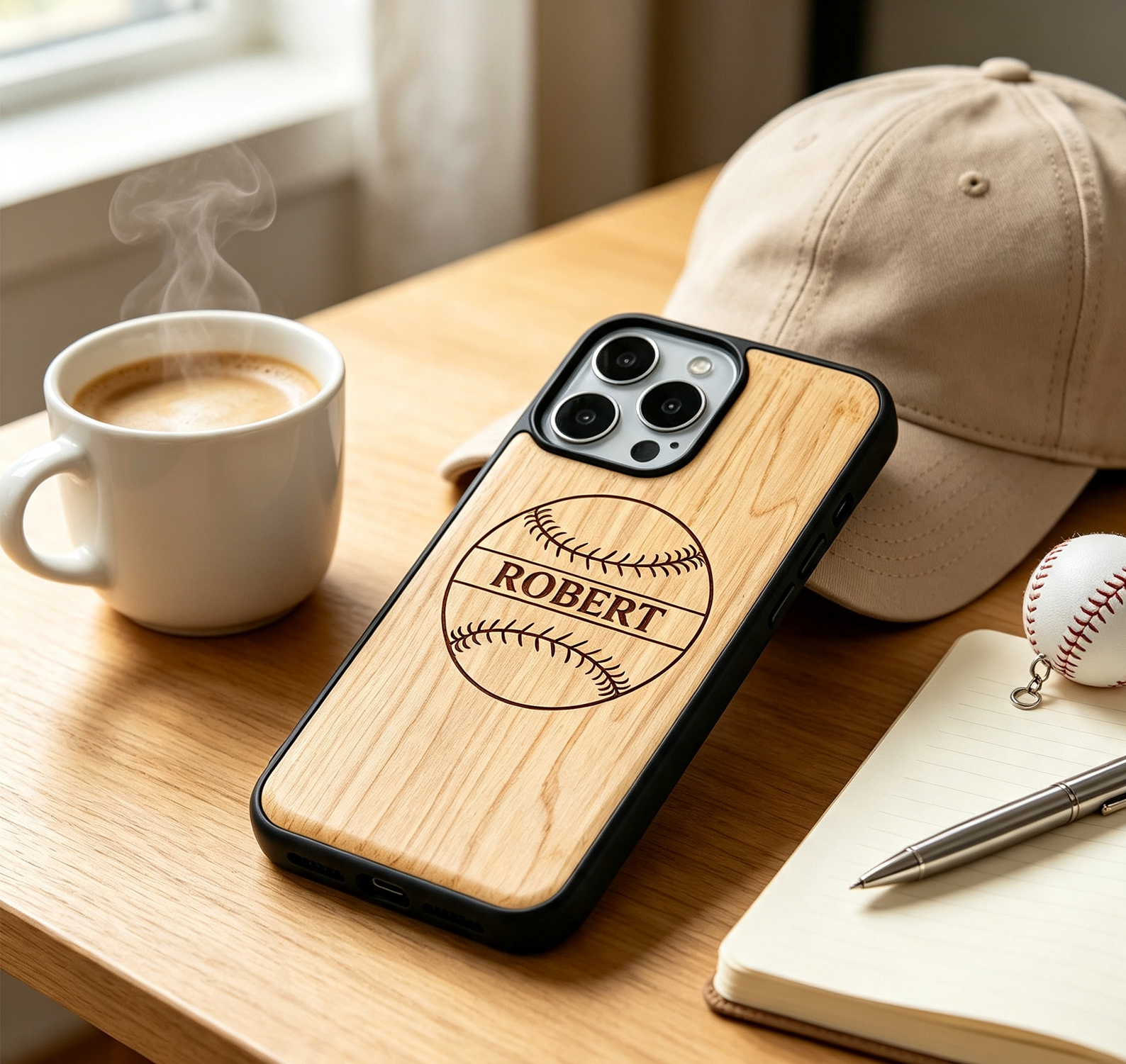 Personalized Baseball Name Laser Engraved Phone Case for iPhone 17,16,15,14,13,12 - Pro Max Plus| Bamboo, Maple, Walnut & Leather