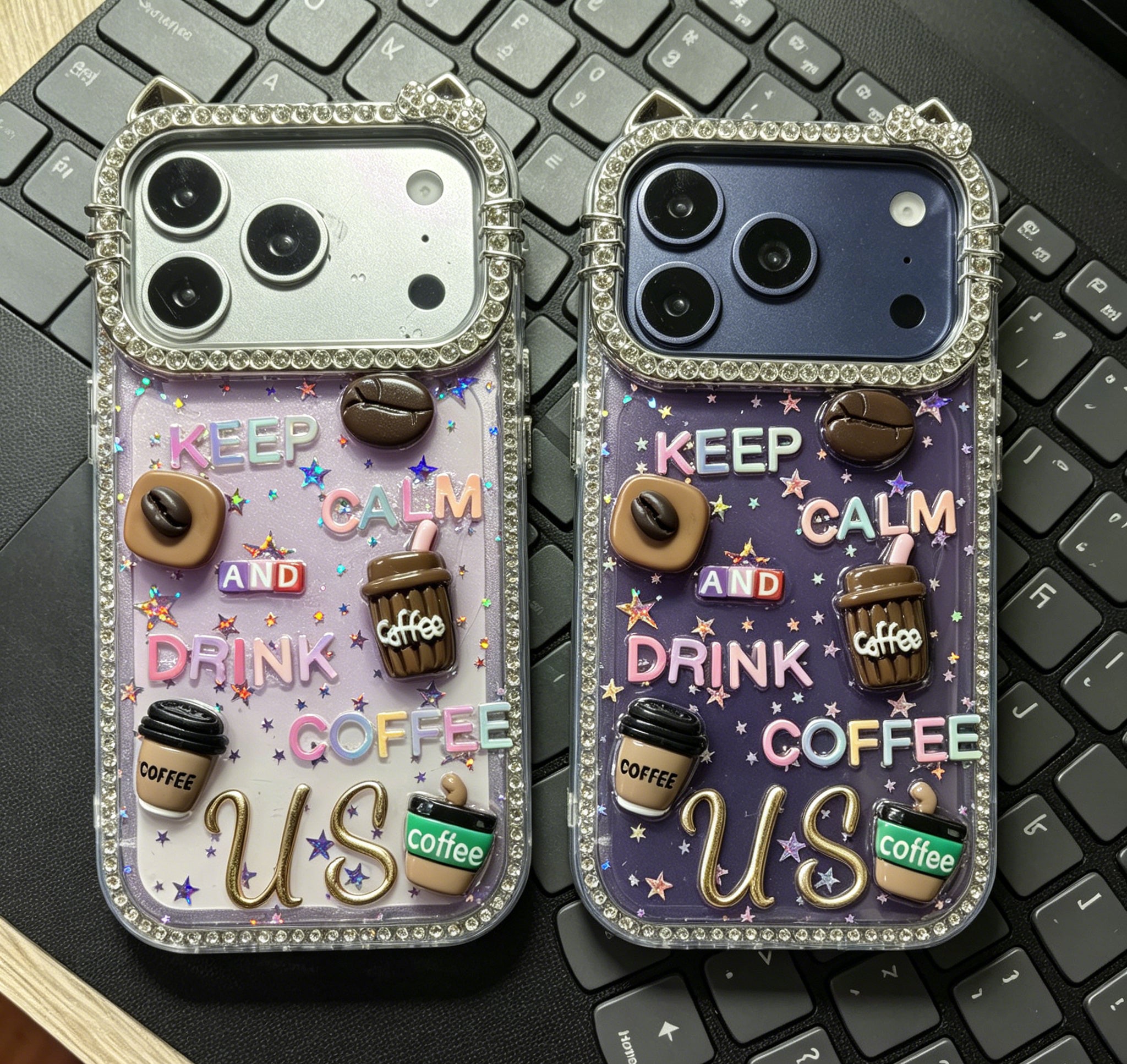 Custom Initial Rhinestone Crystal iPhone Case | Handmade Bling Cover| KEEP CALM AND DRINK COFFEE