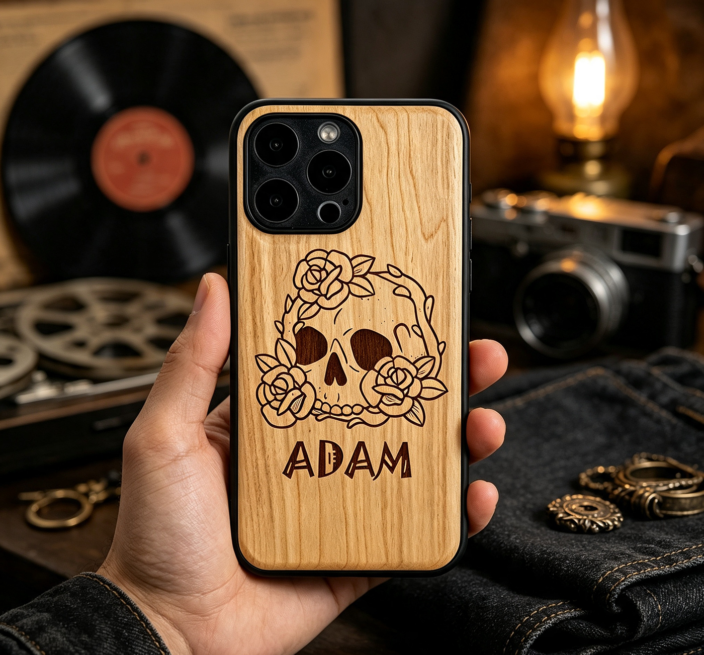 Personalized Skull Name Laser Engraved Phone Case | Bamboo, Maple, Walnut & Leather
