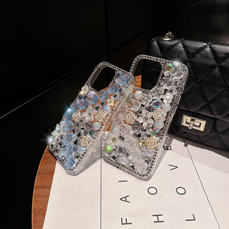 Handmade Rhinestone Phone Case — Sparkling Diamond Heart Crystal Cover for iPhone & Samsung（Rose Garden）