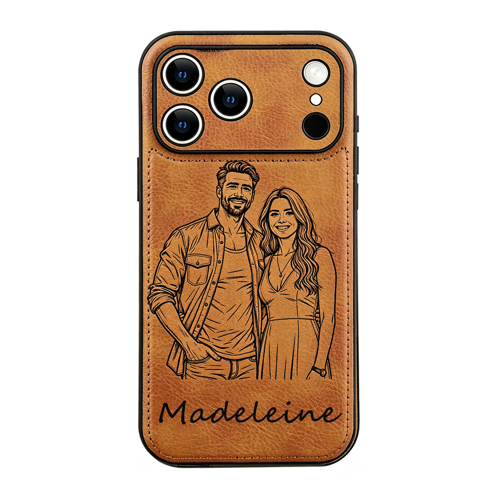 Personalized Leather Case for iPhone 17 16 15 14 13 12 11 - Pro Max Plus mini Custom Name Picture Phone Cover, Anniversary Birthday Graduation Gifts for Couple