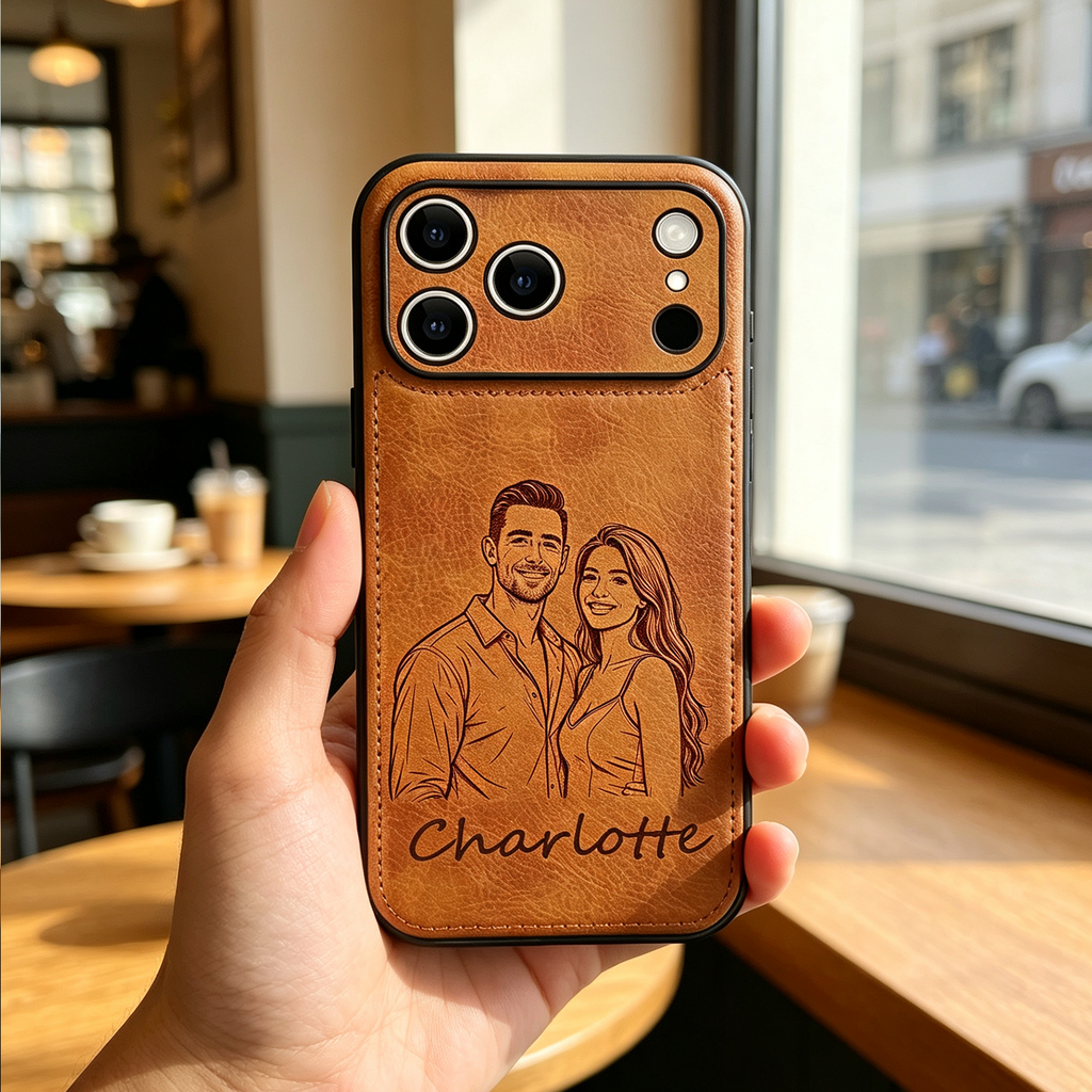 Personalized Leather Case for iPhone 17 16 15 14 13 12 11 - Pro Max Plus mini Custom Name Picture Phone Cover, Anniversary Birthday Graduation Gifts for Couple