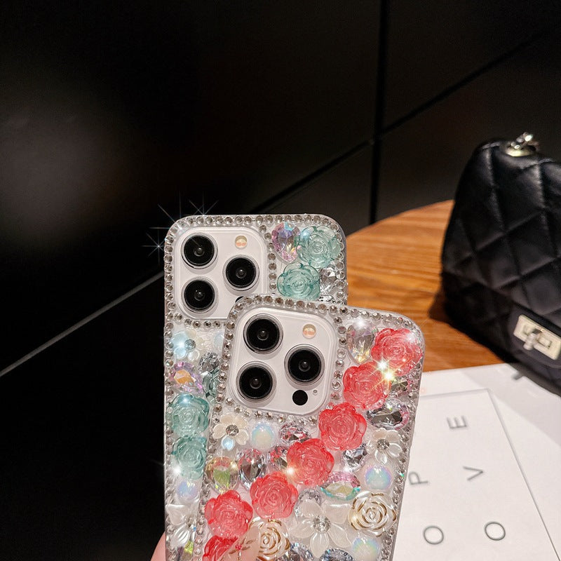 Handmade Rhinestone Phone Case — Sparkling Diamond Heart Crystal Cover for iPhone & Samsung（Rose Garden）