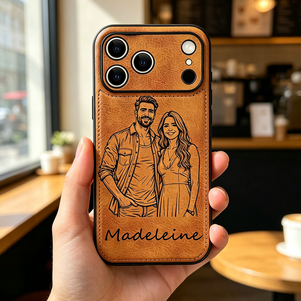 Personalized Leather Case for iPhone 17 16 15 14 13 12 11 - Pro Max Plus mini Custom Name Picture Phone Cover, Anniversary Birthday Graduation Gifts for Couple
