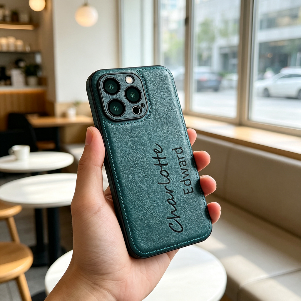 Personalized Leather Case for iPhone 17 16 15 14 13 12 11 - Pro Max Plus mini Custom Name Picture Phone Cover, Anniversary Birthday Graduation Gifts for Couple