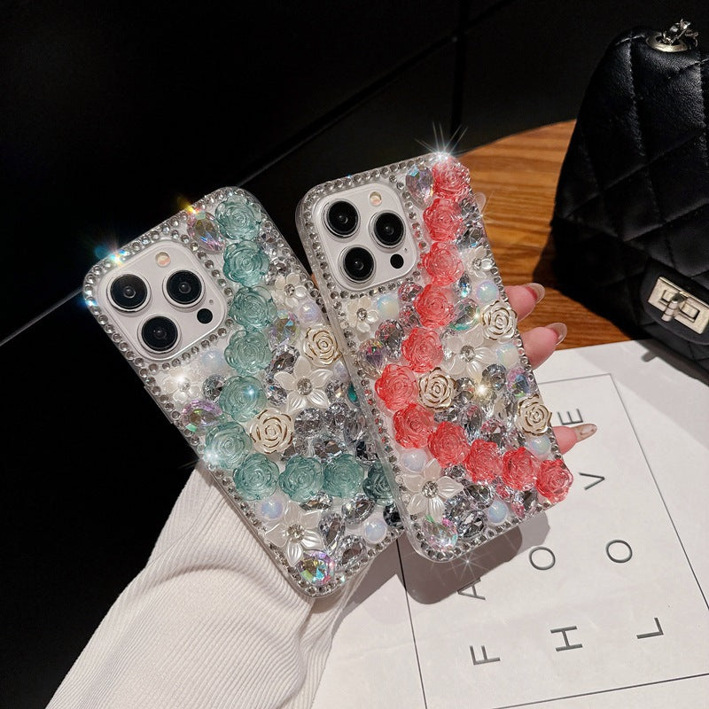 Handmade Rhinestone Phone Case — Sparkling Diamond Heart Crystal Cover for iPhone & Samsung（Rose Garden）