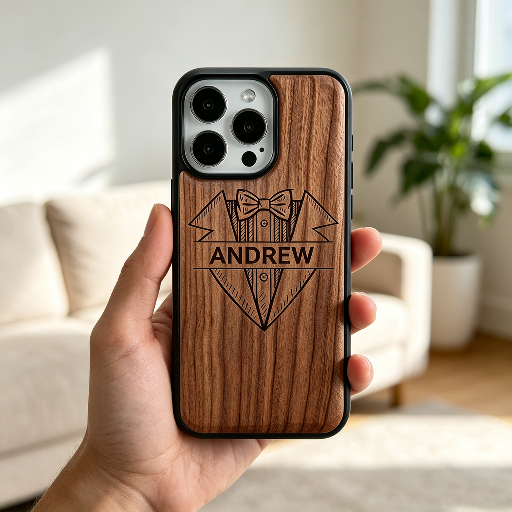 Personalized Name Laser Engraved Phone Case for iPhone 17,16,15,14,13,12 - Pro Max Plus | Bamboo, Maple & Leather