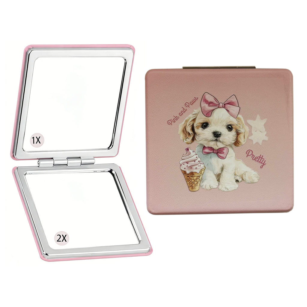 Personalized Monogram Compact Mirror | Choose Cat or Dog | 1X/2X Double-Sided Travel Makeup Mirror for Women