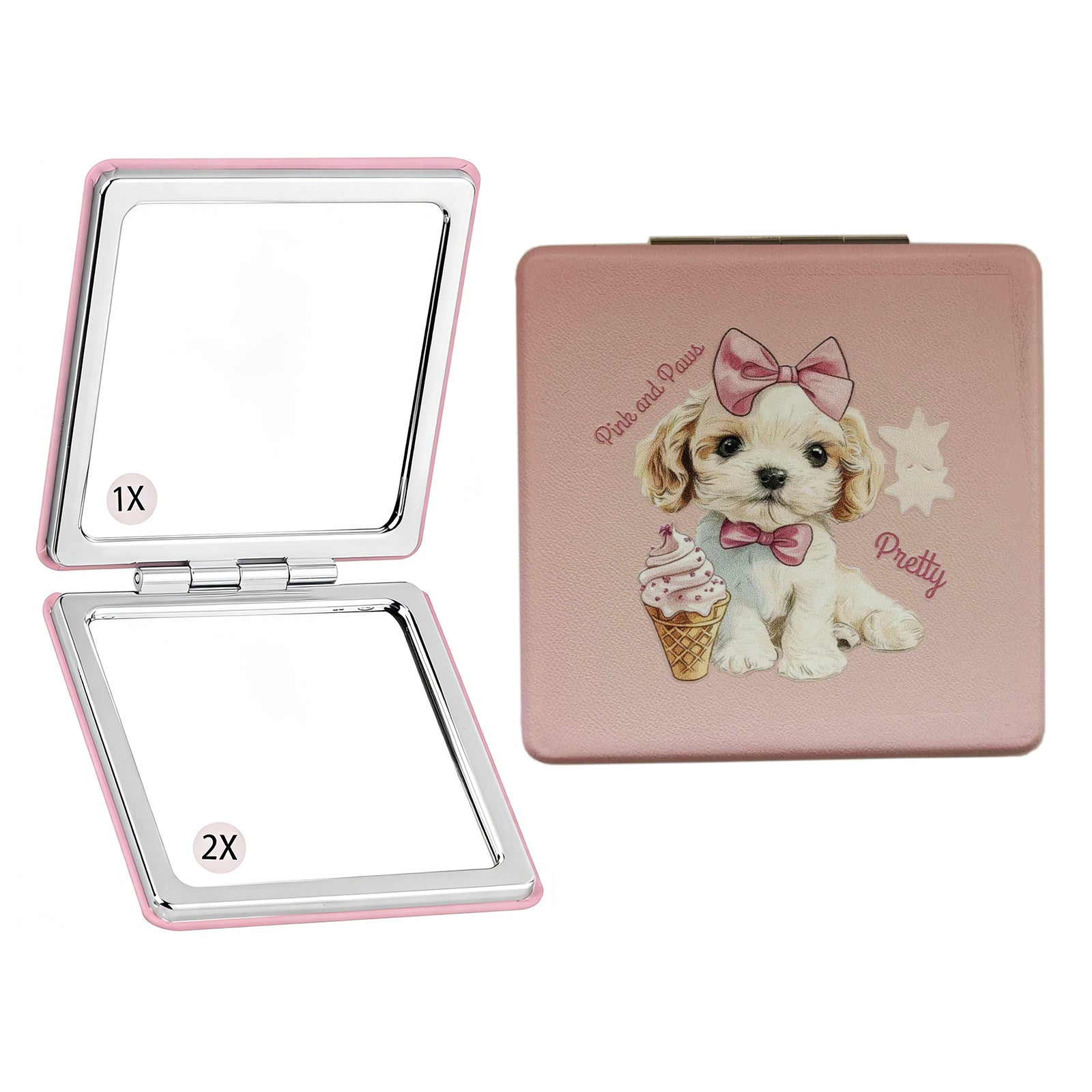 Personalized Monogram Compact Mirror | Choose Cat or Dog | 1X/2X Double-Sided Travel Makeup Mirror for Women