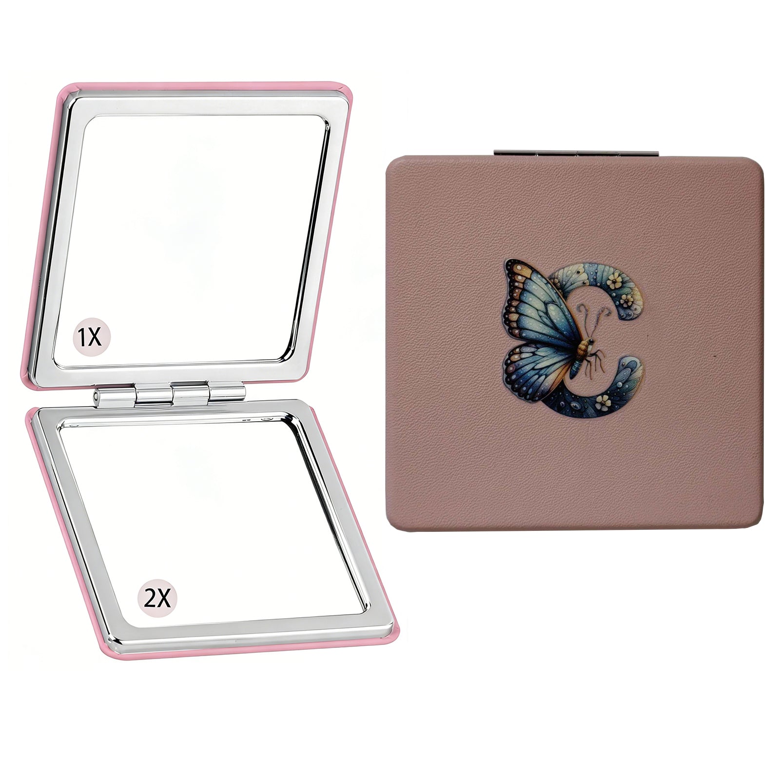 Personalized Butterfly Monogram Compact Mirror | 1X/2X Double-Sided Travel Makeup Mirror for Women