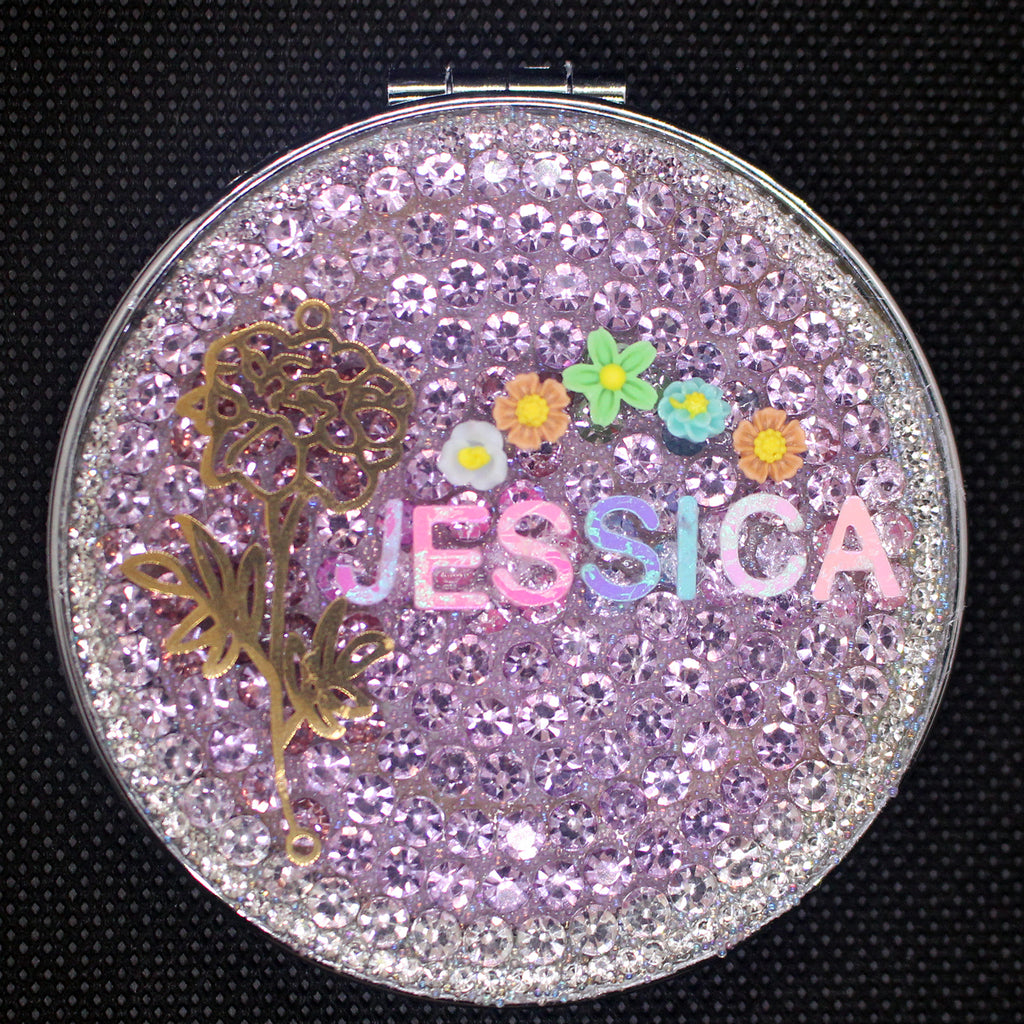 Personalized Name and Birthday Flower Compact Mirror — Double-Sided 1X/2X Magnifying Makeup Mirror（big flower）