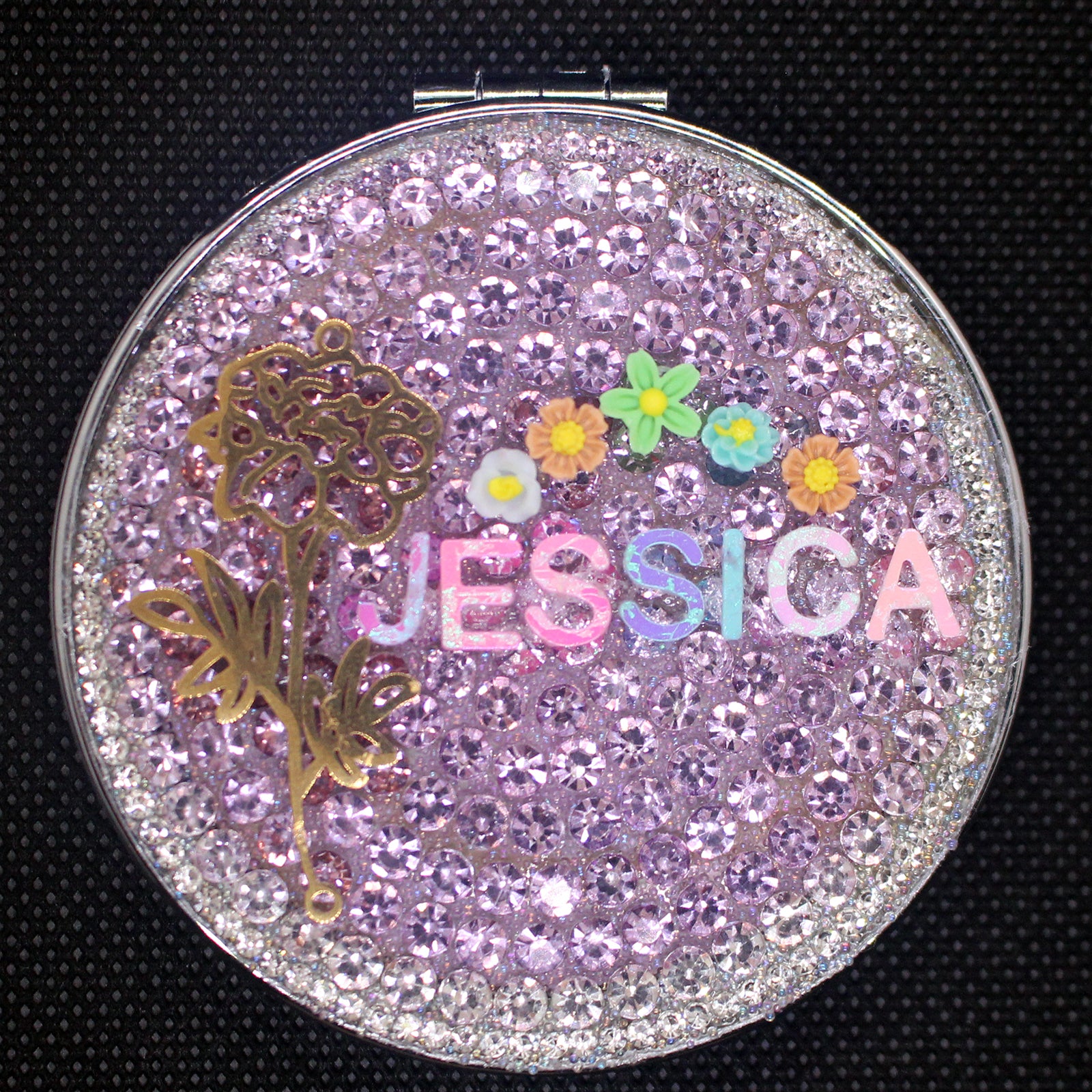 Personalized Name and Birthday Flower Compact Mirror — Double-Sided 1X/2X Magnifying Makeup Mirror（big flower）