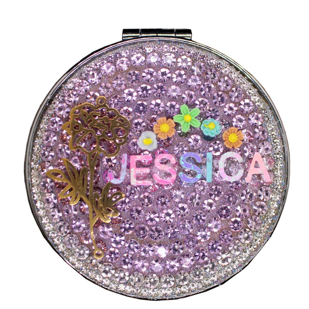 Personalized Name and Birthday Flower Compact Mirror — Double-Sided 1X/2X Magnifying Makeup Mirror（big flower）