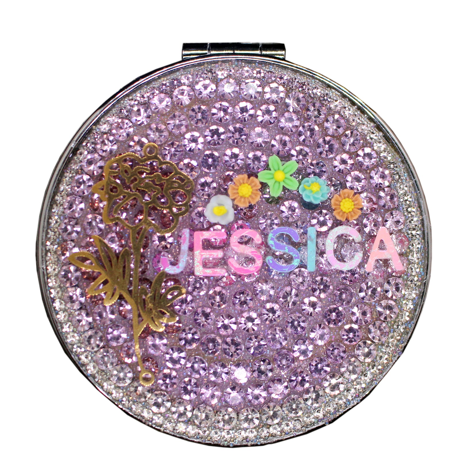 Personalized Name and Birthday Flower Compact Mirror — Double-Sided 1X/2X Magnifying Makeup Mirror（big flower）