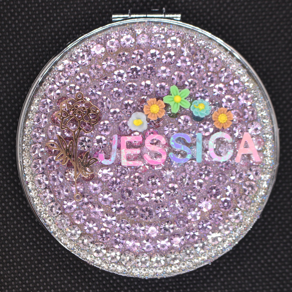 Personalized Name and Birth Month Flower Compact Mirror — Double-Sided 1X/2X Magnifying Makeup Mirror(Small flower)