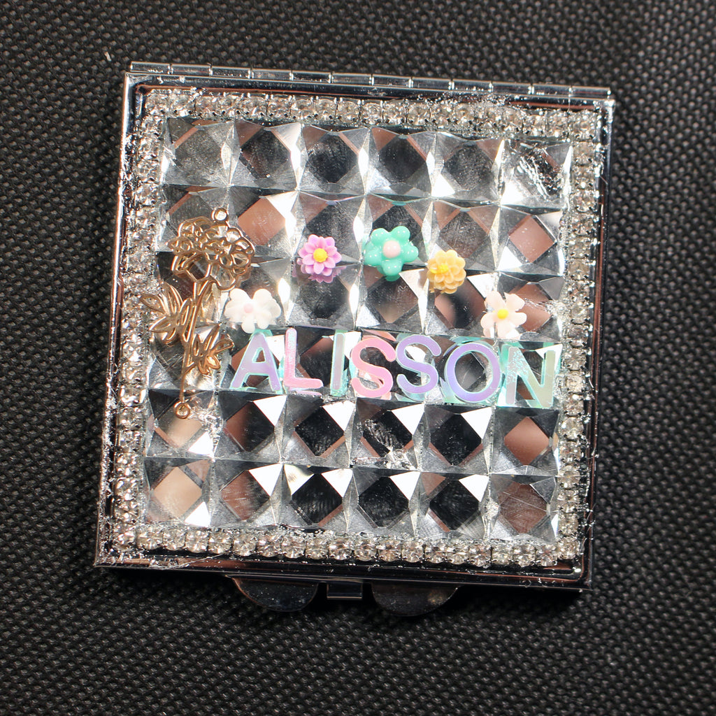 Personalized Name and Birthday Flower Square Compact Mirror — Double-Sided 1X/2X Magnifying Makeup Mirror