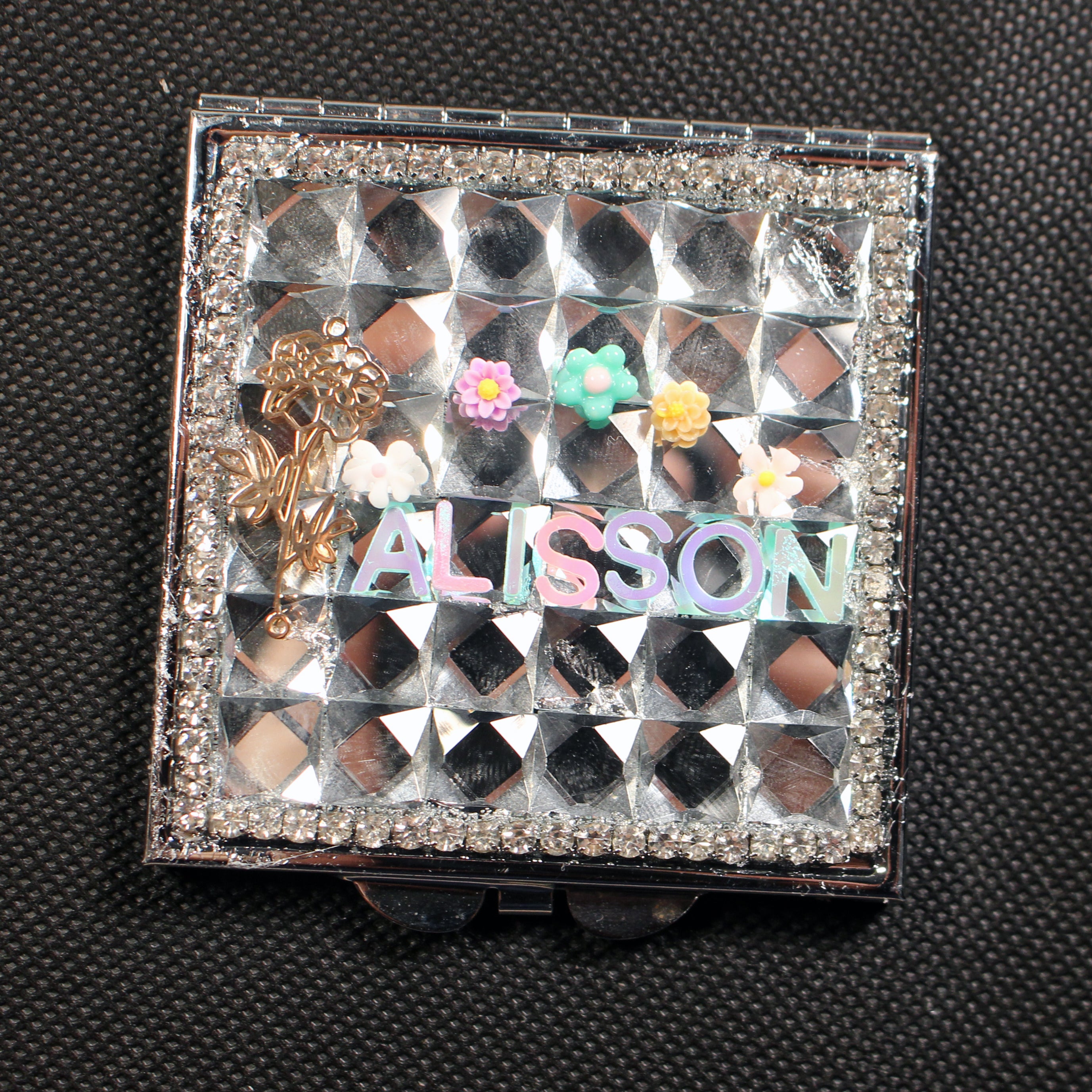 Personalized Name and Birthday Flower Square Compact Mirror — Double-Sided 1X/2X Magnifying Makeup Mirror
