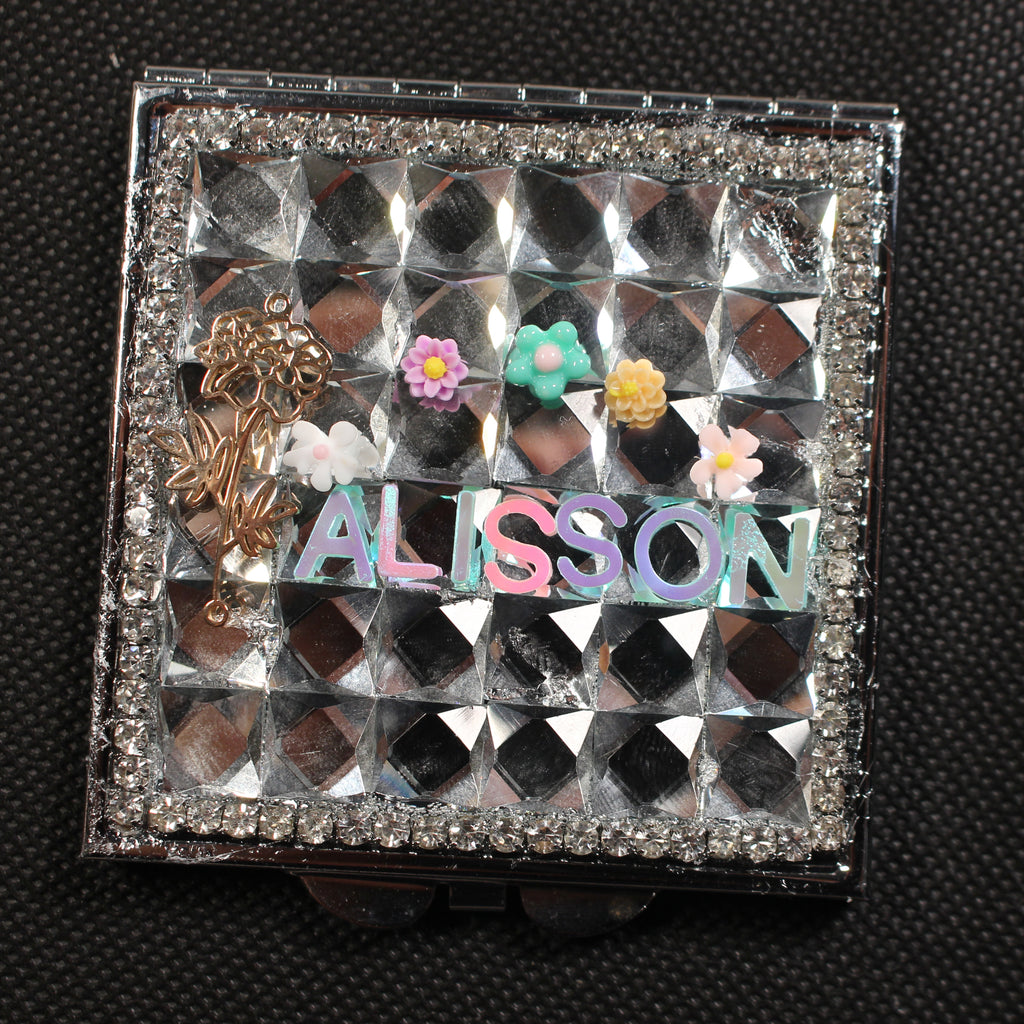 Personalized Name and Birthday Flower Square Compact Mirror — Double-Sided 1X/2X Magnifying Makeup Mirror