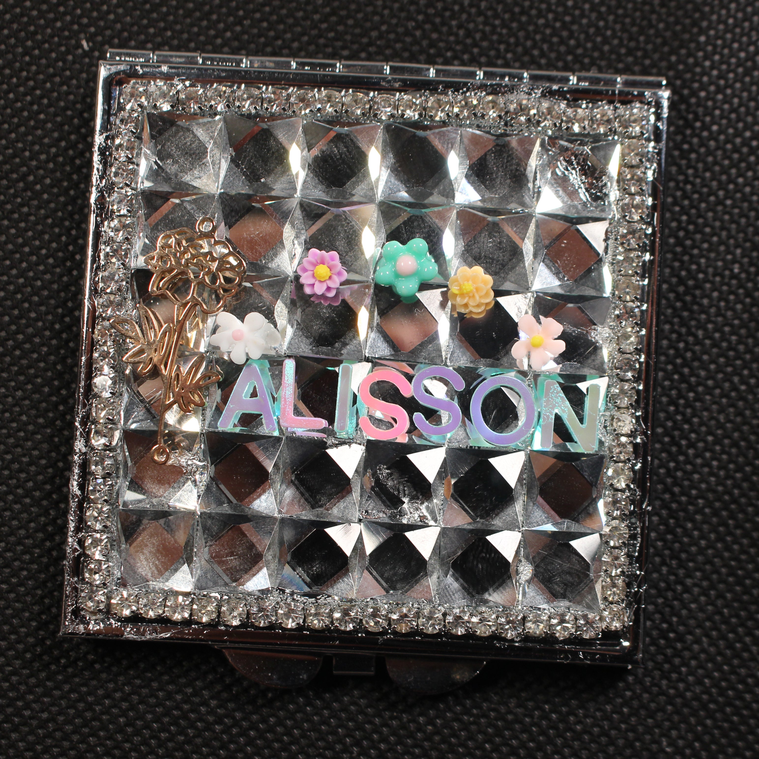 Personalized Name and Birthday Flower Square Compact Mirror — Double-Sided 1X/2X Magnifying Makeup Mirror