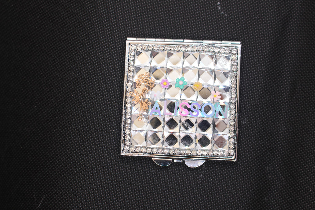 Personalized Name and Birthday Flower Square Compact Mirror — Double-Sided 1X/2X Magnifying Makeup Mirror