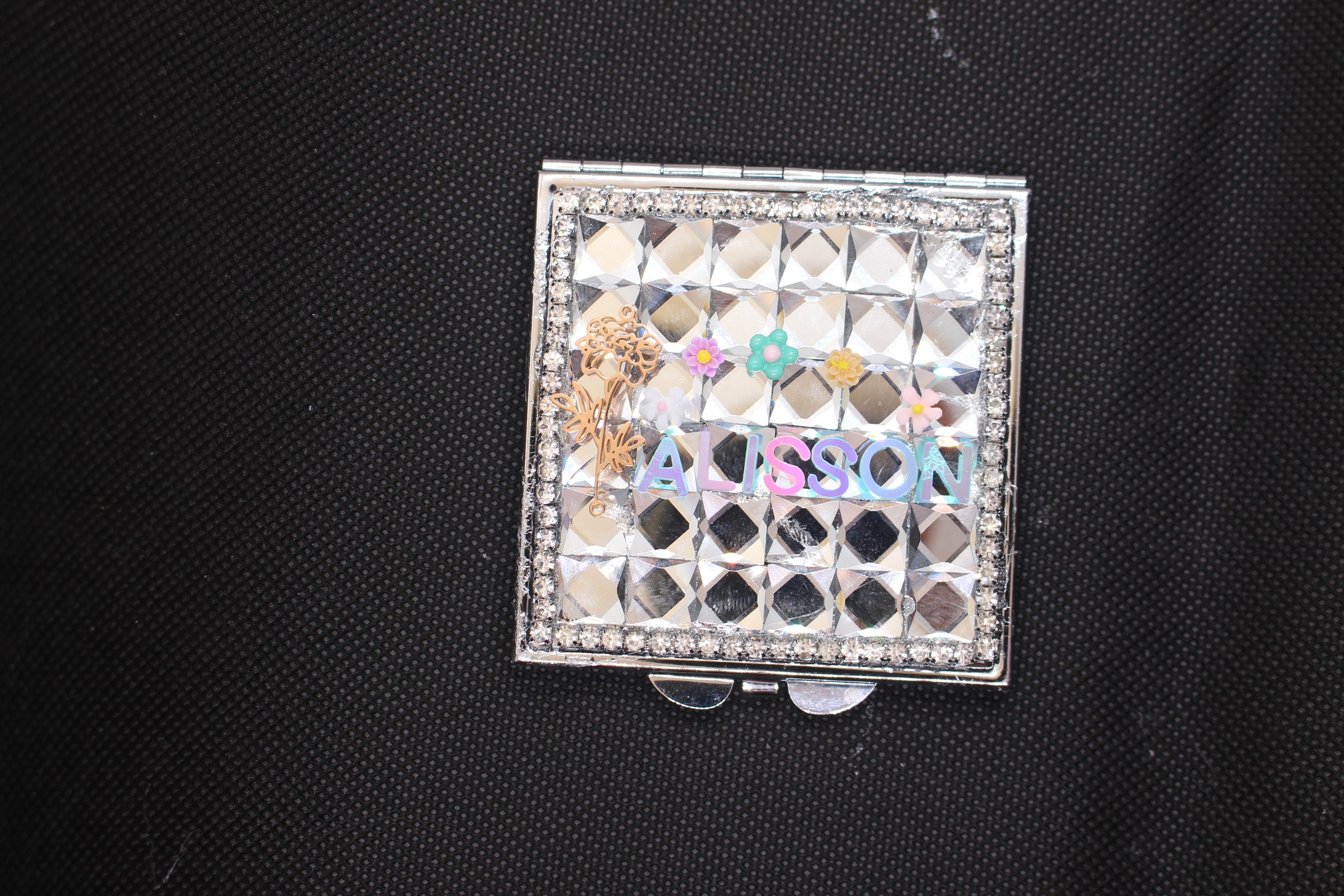 Personalized Name and Birthday Flower Square Compact Mirror — Double-Sided 1X/2X Magnifying Makeup Mirror