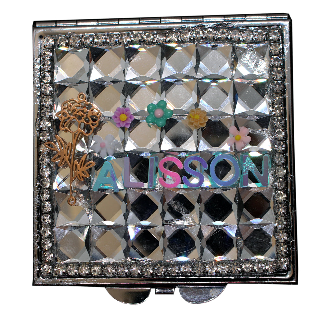 Personalized Name and Birthday Flower Square Compact Mirror — Double-Sided 1X/2X Magnifying Makeup Mirror