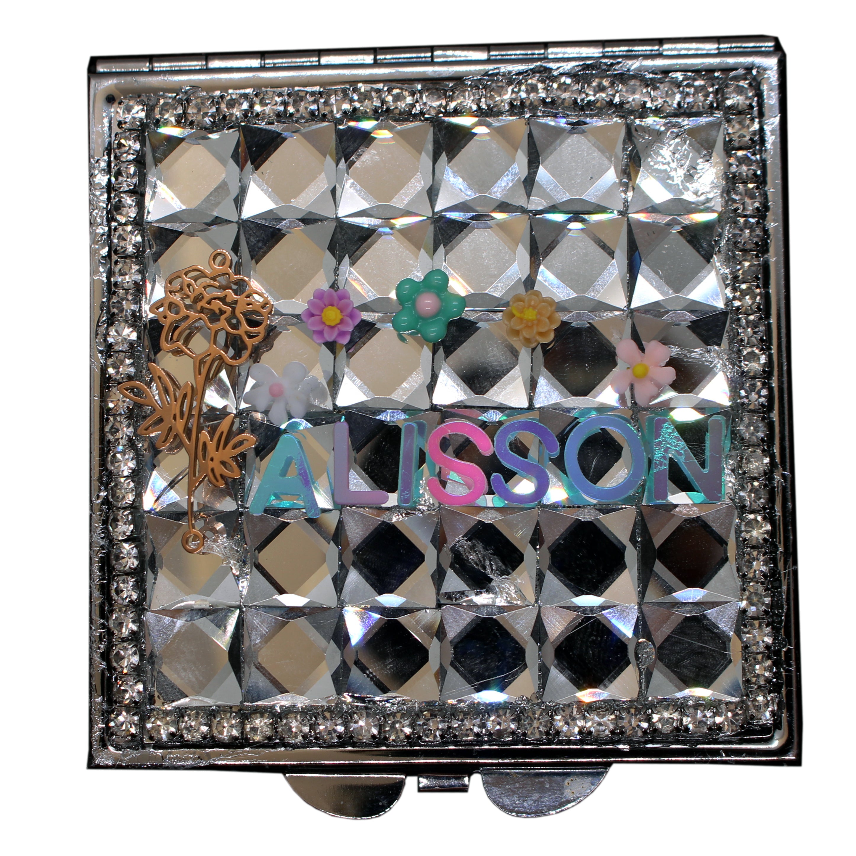 Personalized Name and Birthday Flower Square Compact Mirror — Double-Sided 1X/2X Magnifying Makeup Mirror
