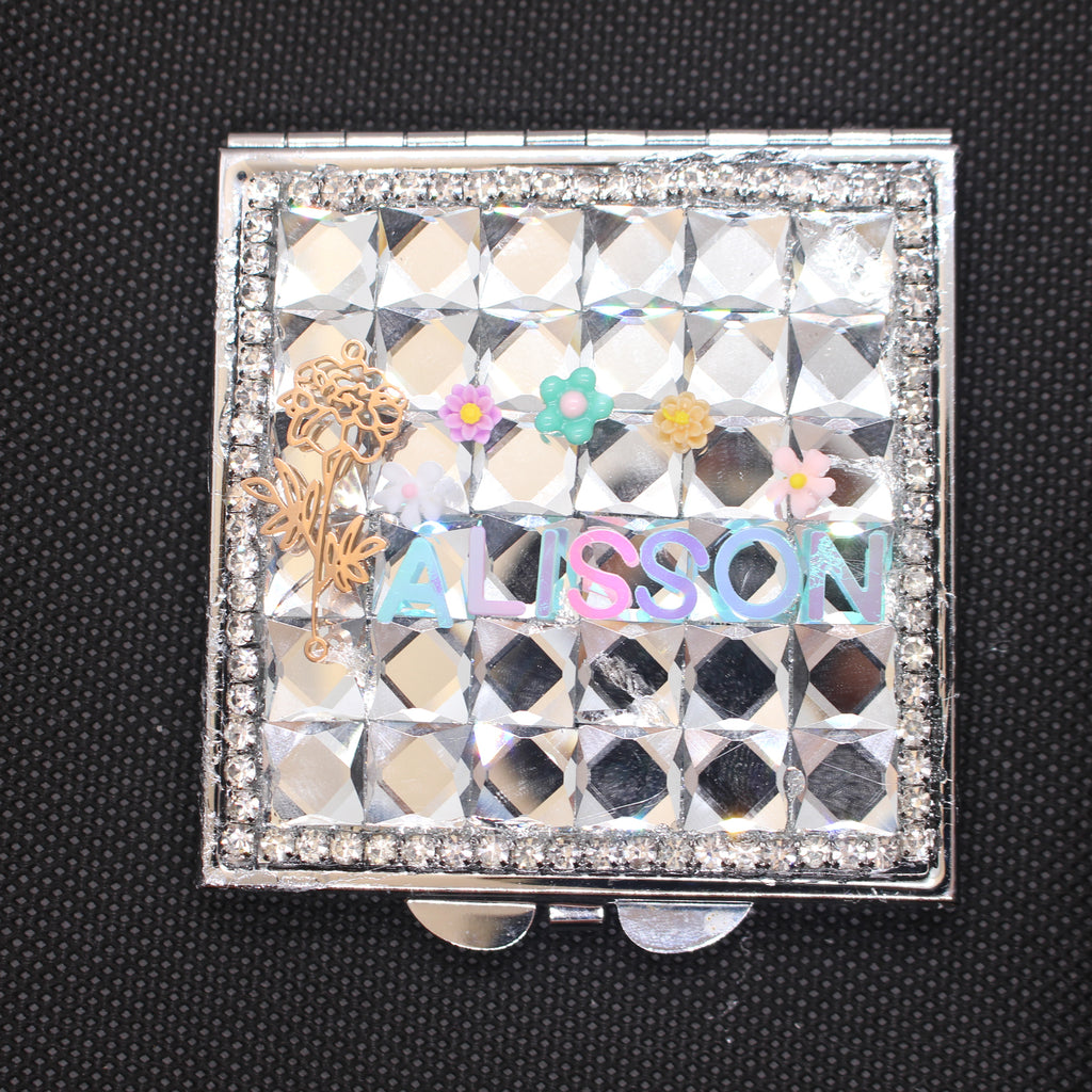 Personalized Name and Birthday Flower Square Compact Mirror — Double-Sided 1X/2X Magnifying Makeup Mirror