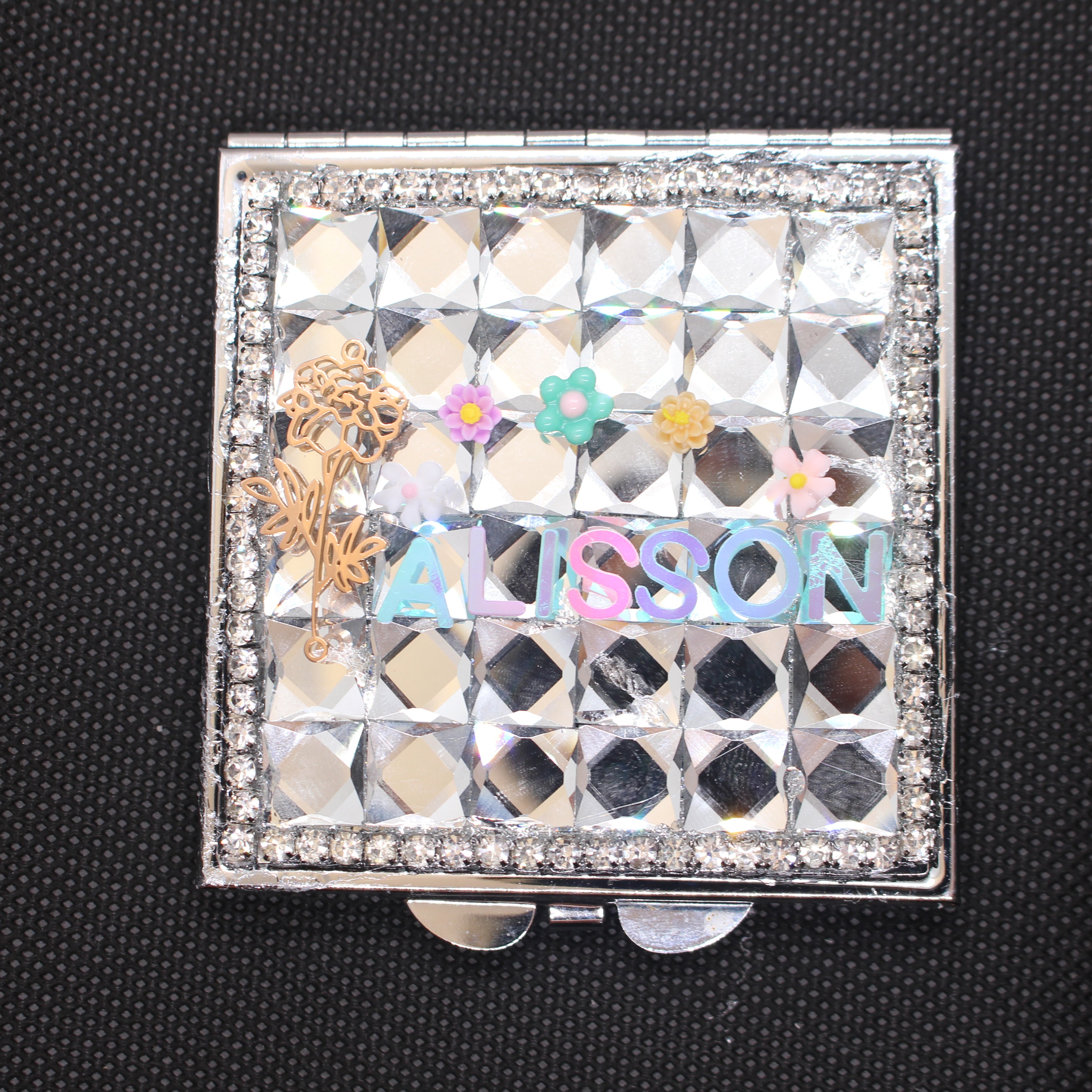 Personalized Name and Birthday Flower Square Compact Mirror — Double-Sided 1X/2X Magnifying Makeup Mirror