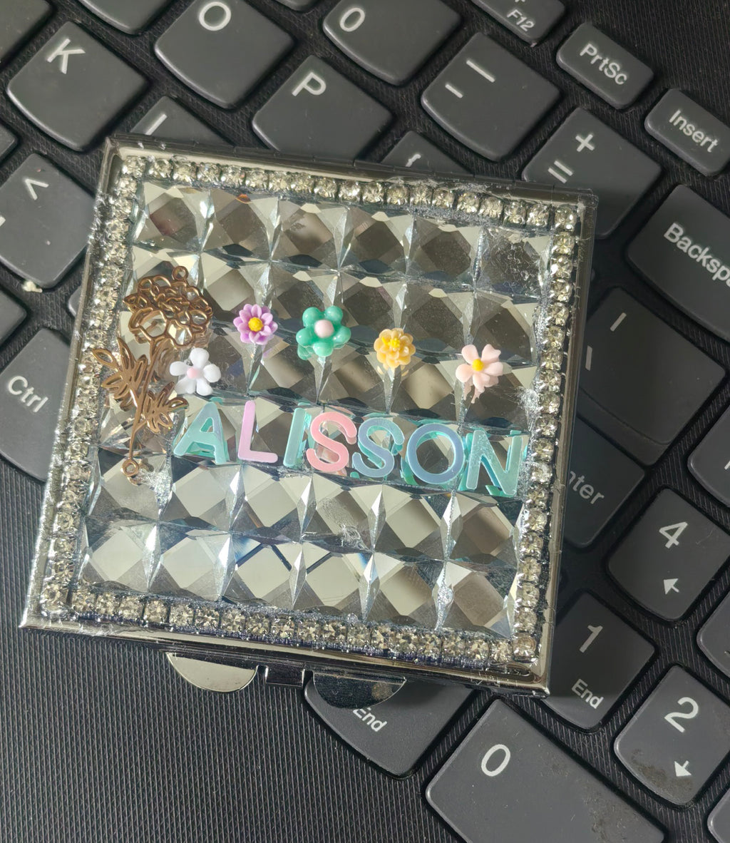 Personalized Name and Birthday Flower Square Compact Mirror — Double-Sided 1X/2X Magnifying Makeup Mirror
