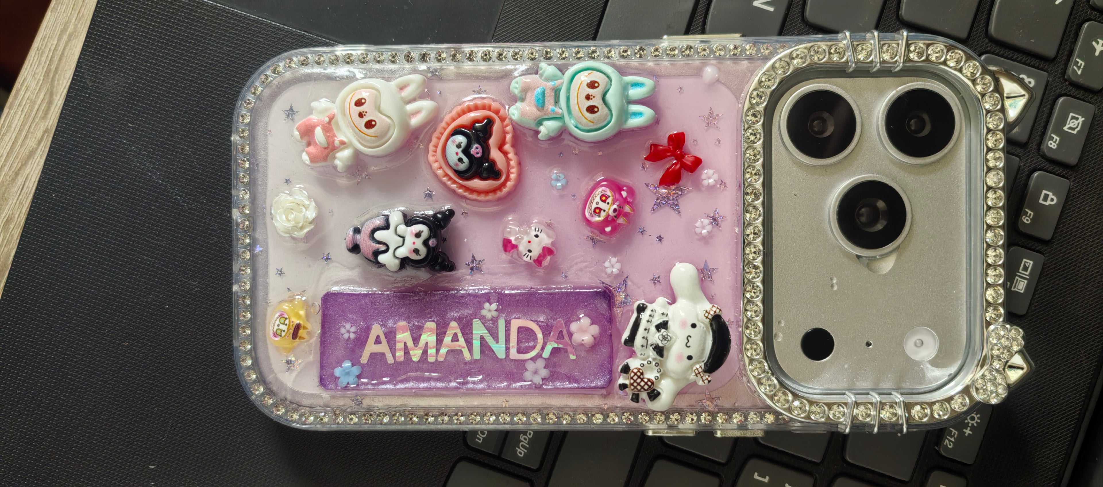 Custom Name Handmade Resin Phone Case, Bling Rhinestone Cat Ear Frame with 3D Labubu Kuromi Cinnamoroll Hello Kitty Charms, Personalized Glitter Clear Shockproof iPhone Cover for Girls