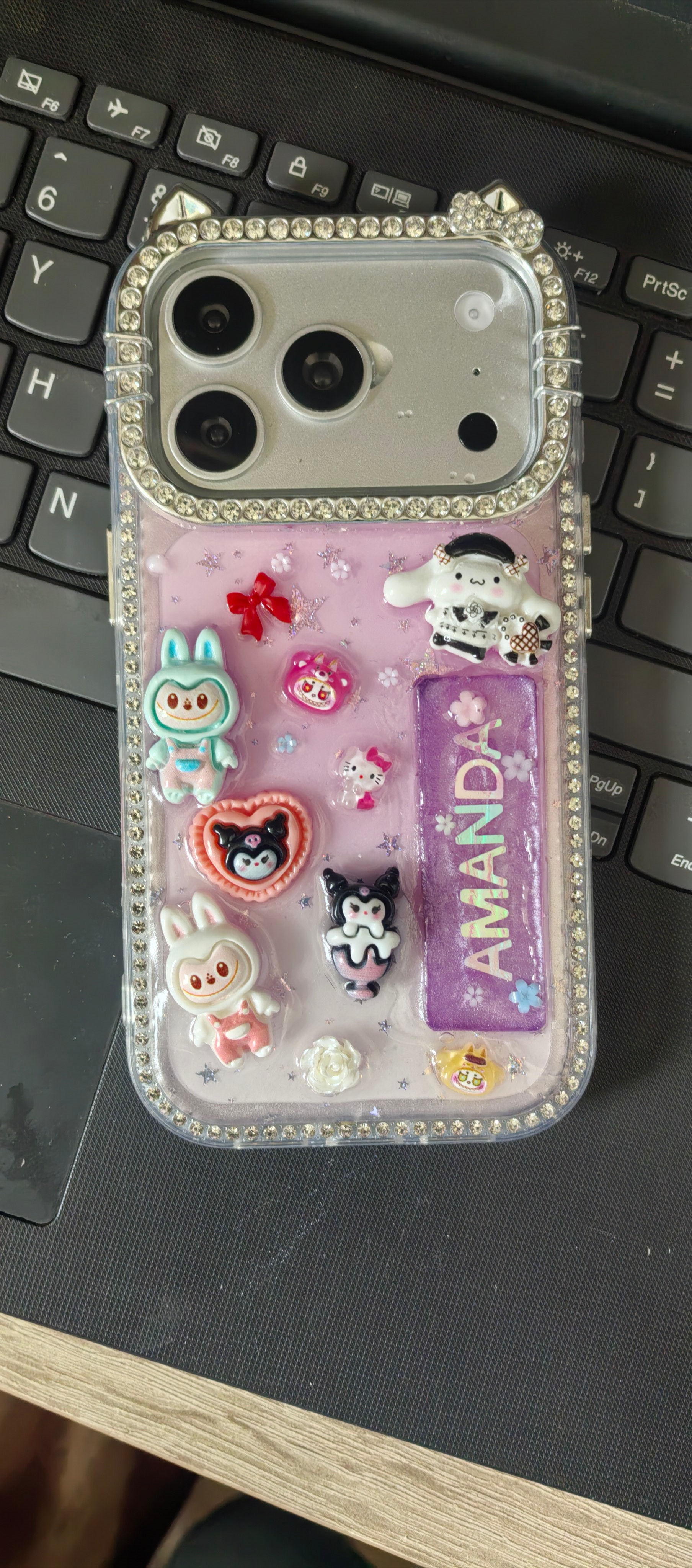 Custom Name Handmade Resin Phone Case, Bling Rhinestone Cat Ear Frame with 3D Labubu Kuromi Cinnamoroll Hello Kitty Charms, Personalized Glitter Clear Shockproof iPhone Cover for Girls