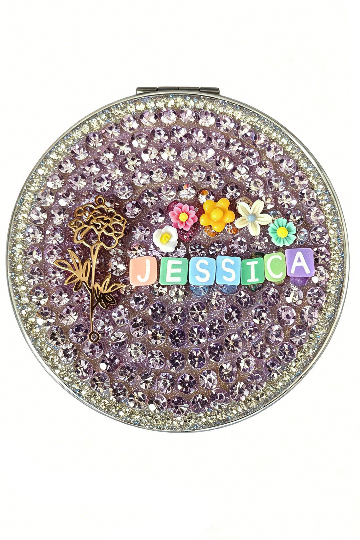 Personalized Name and Birth Month Flower Compact Mirror — Double-Sided 1X/2X Magnifying Makeup Mirror(Small flower)