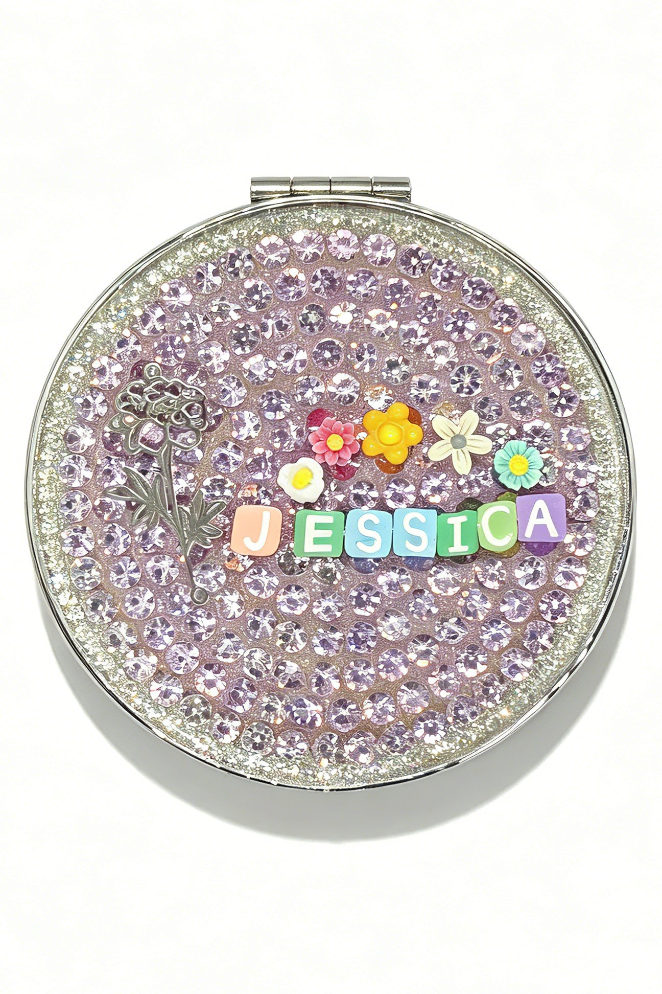 Personalized Name and Birth Month Flower Compact Mirror — Double-Sided 1X/2X Magnifying Makeup Mirror(Small flower)