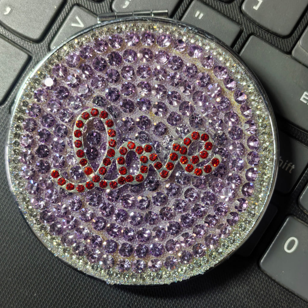 Personalized Monogram Compact Mirror — Double-Sided 1X/2X Magnifying Makeup Mirror（LOVE RHINESTONE）
