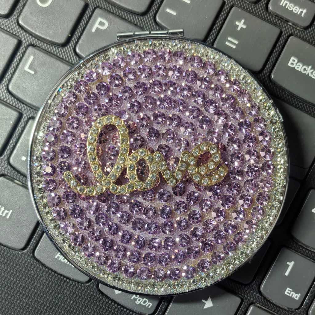 Personalized Monogram Compact Mirror — Double-Sided 1X/2X Magnifying Makeup Mirror（LOVE RHINESTONE）