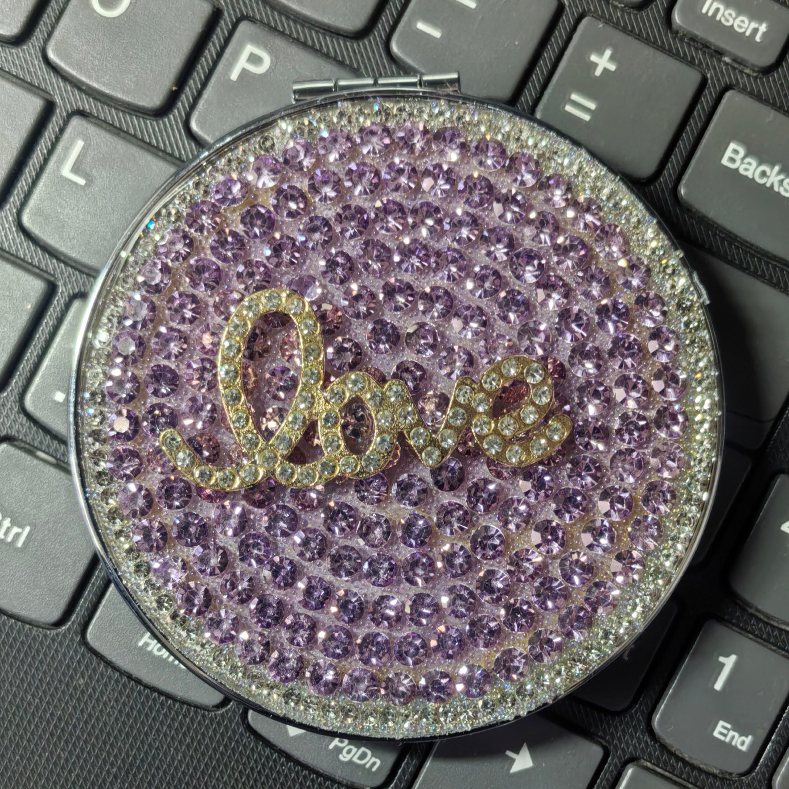 Personalized Monogram Compact Mirror — Double-Sided 1X/2X Magnifying Makeup Mirror（LOVE RHINESTONE）