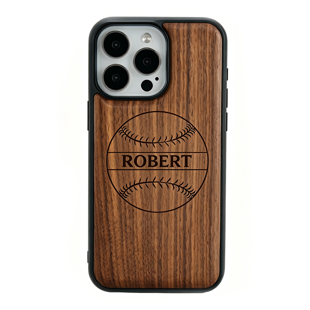 Personalized Baseball Name Laser Engraved Phone Case for iPhone 17,16,15,14,13,12 - Pro Max Plus| Bamboo, Maple, Walnut & Leather