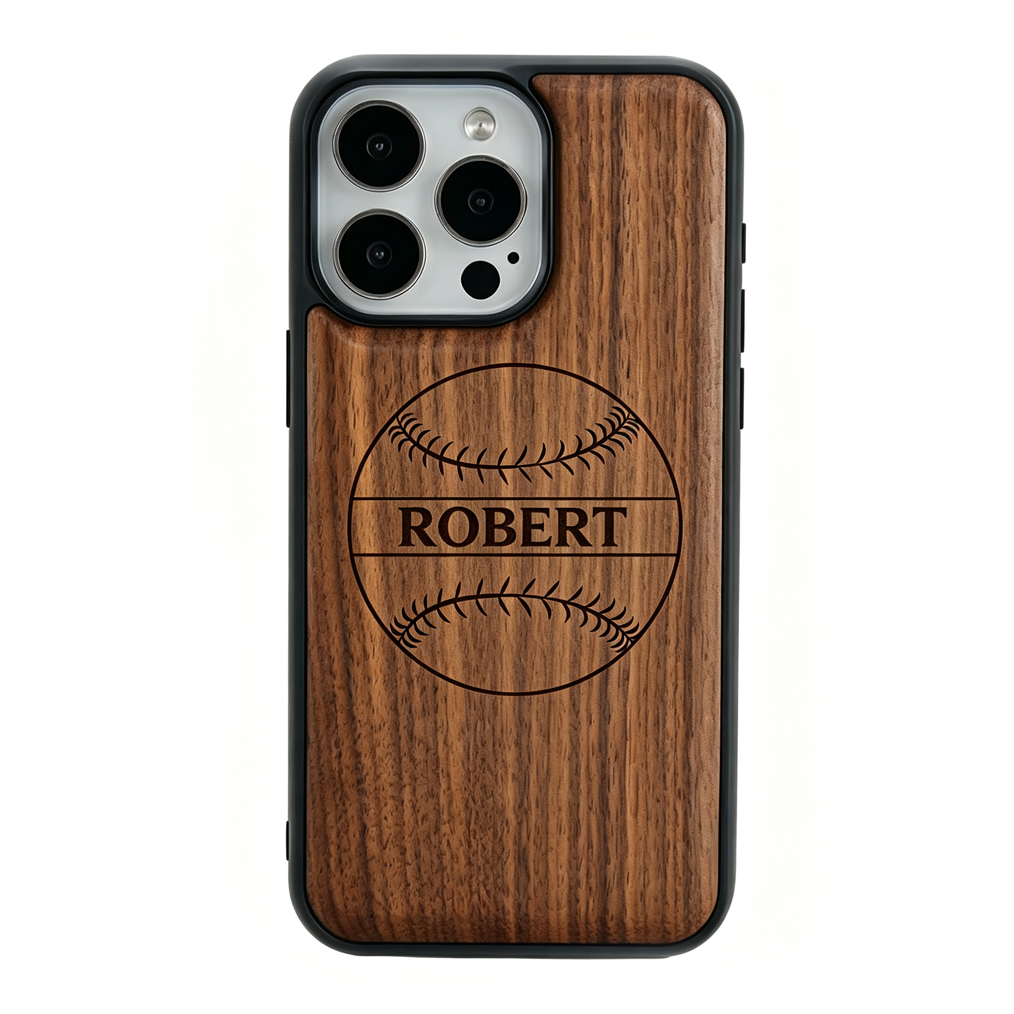 Personalized Baseball Name Laser Engraved Phone Case for iPhone 17,16,15,14,13,12 - Pro Max Plus| Bamboo, Maple, Walnut & Leather