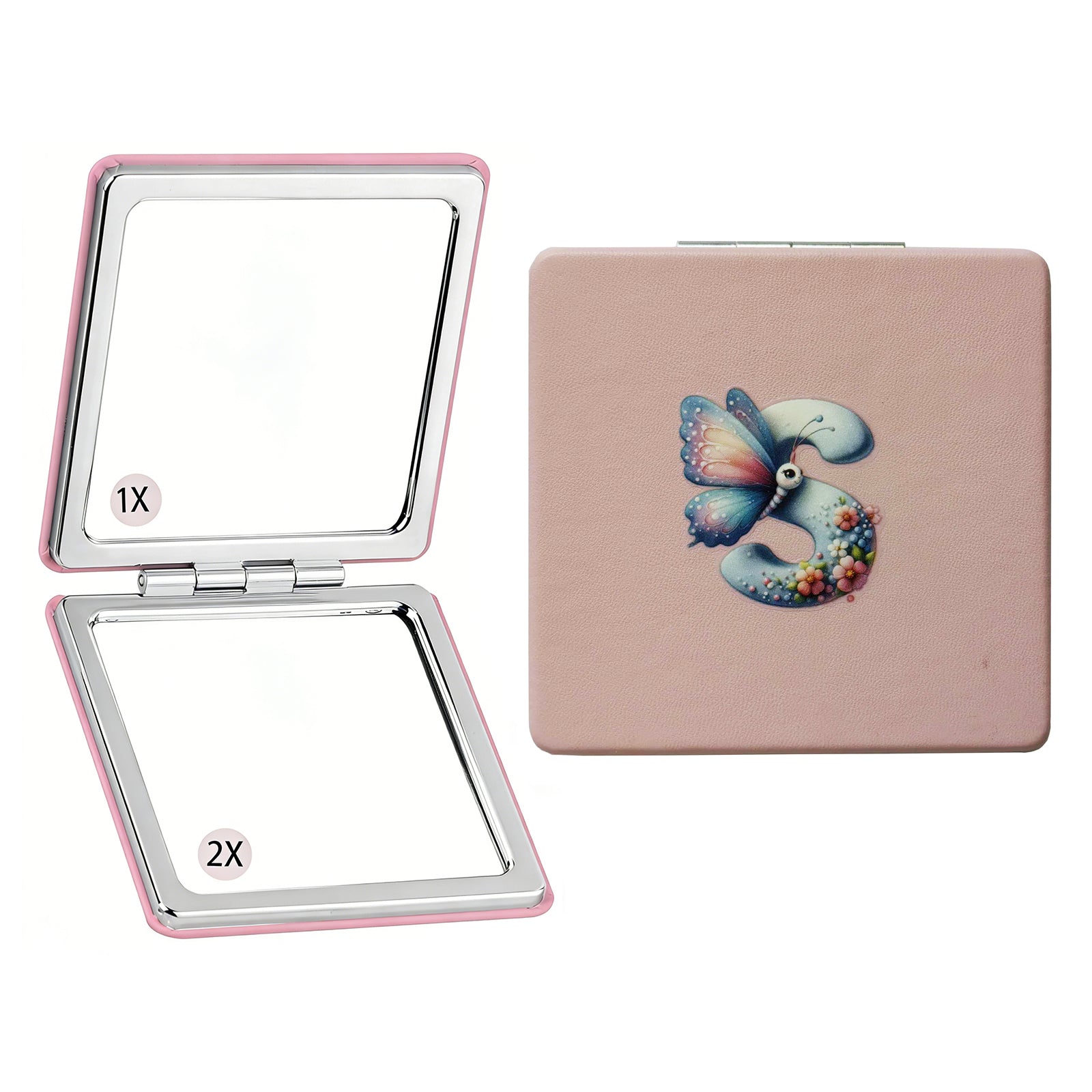 Personalized Butterfly Monogram Compact Mirror | 1X/2X Double-Sided Travel Makeup Mirror for Women