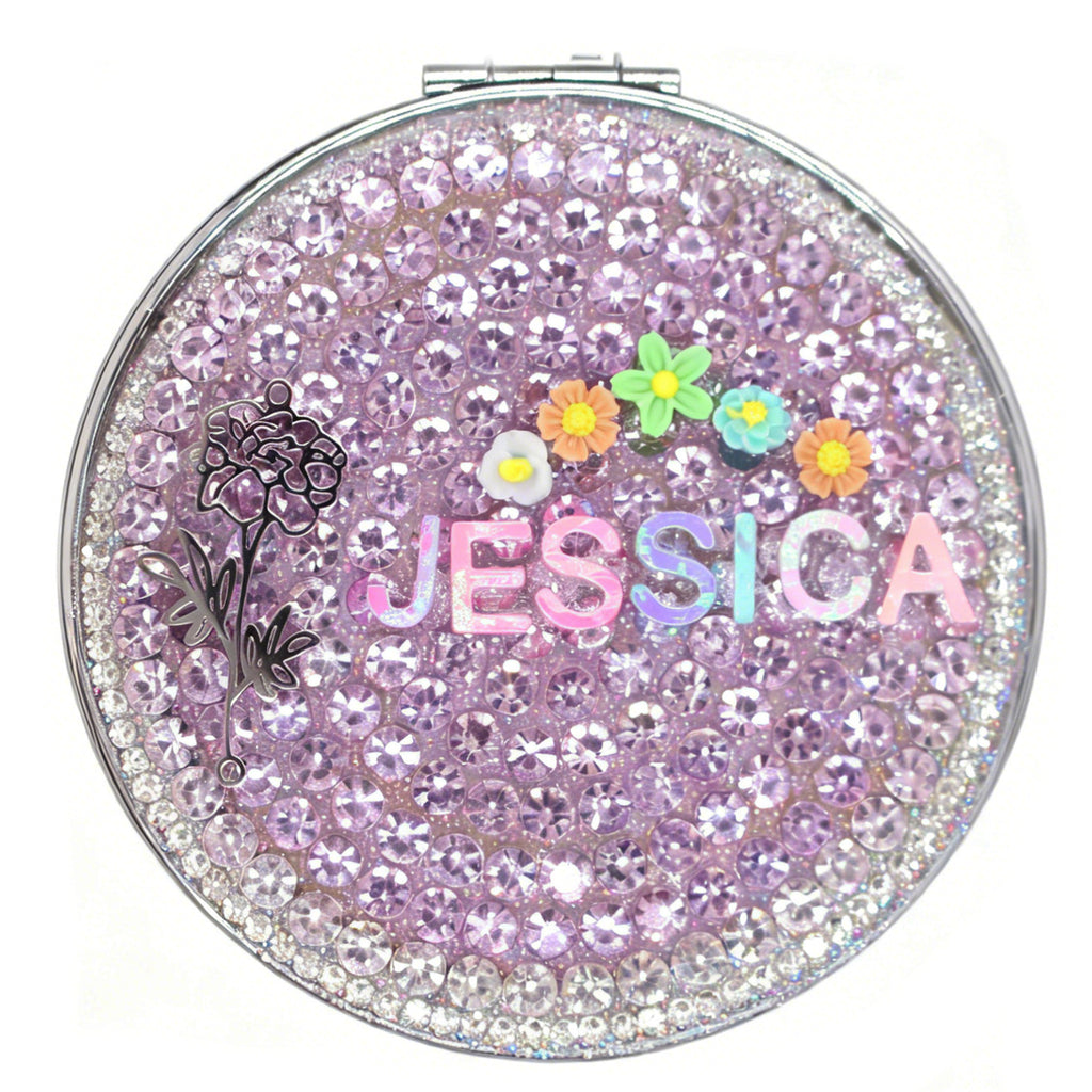 Personalized Name and Birthday Flower Compact Mirror — Double-Sided 1X/2X Magnifying Makeup Mirror（big flower）