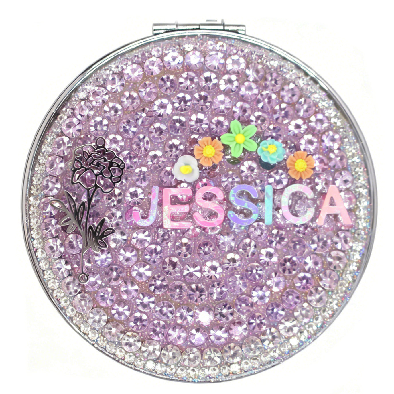 Personalized Name and Birthday Flower Compact Mirror — Double-Sided 1X/2X Magnifying Makeup Mirror(Small flower)