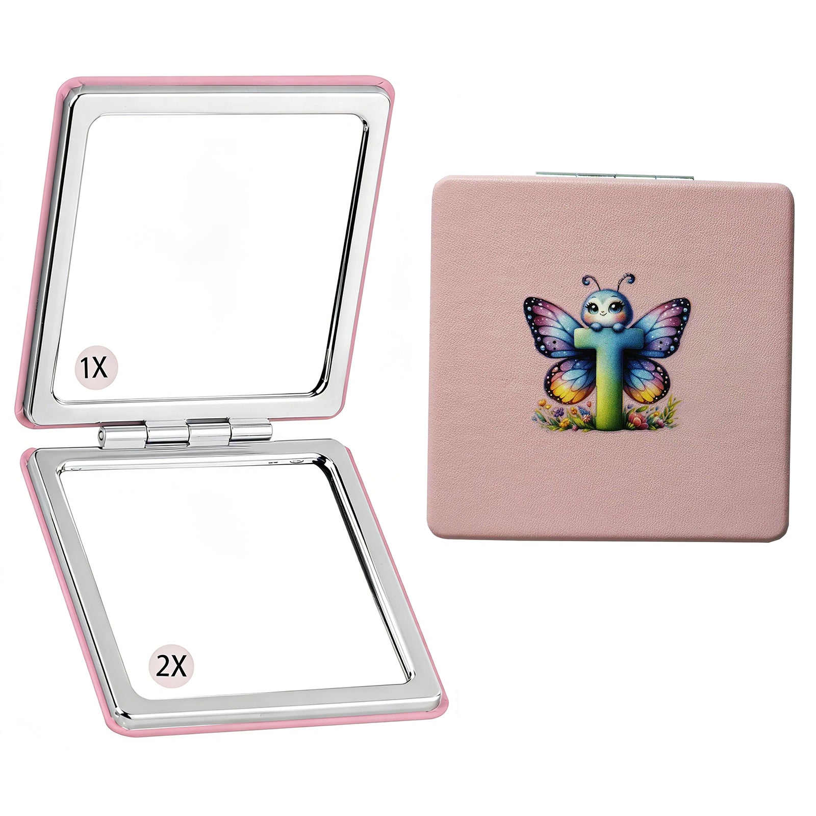 Personalized Butterfly Monogram Compact Mirror | 1X/2X Double-Sided Travel Makeup Mirror for Women